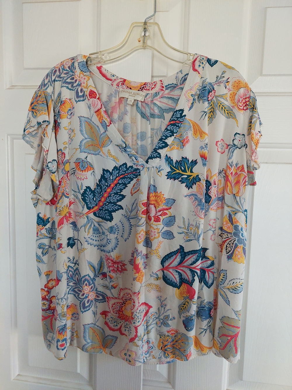 Cynthia Rowley Floral V-Neck Blouse in Blue, Pink & Yellow